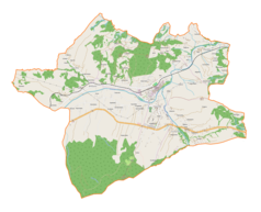 Mapa konturowa gminy Tymbark, blisko centrum na prawo znajduje się punkt z opisem „Tymbark”