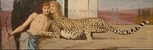 The painting The Caress depicting a creature with a woman's head and a cheetah's body