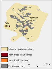 Diagram showing the locations of rock outcrops and the inferred maximum extent of a geological formation.