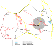 carte présentant en rose les 9 zones constructibles, et en bleu les 2 zones protégées pour les loisirs