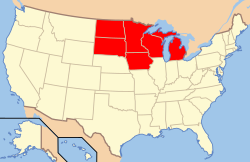 Map of the United States with the Upper Midwest highlighted (as defined by the National Weather Service)