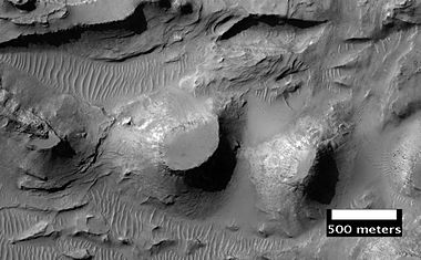 Close up of layers in eroded deposits on the floor of Bouguer Crater, as seen by HiRISE. This image is in a different part of the crater than the previous image.