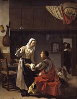 Frans van Mieris: Bordeelscène, circa 1658-1659, een uit het leven gegrepen tafereel, uitgewerkt met de precisie van een fijnschilder.