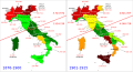 Emigração italiana por região de 1876-1900 e de 1901-1915