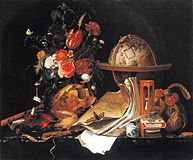 Maria van Oosterwijck: Vanitas met hemelglobe, 1668, met een "gedenk te sterven"-moraal en veel symboliek, uitgewerkt in de theatrale opzet van een pronkstilleven.