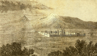 Vedere a muntelui Ararat și a Mănăstirii Ecimiadzin, în Călătorie pe Ararat a lui Friedrich Parrot, 1846