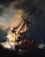 Rembrandt: Christus in de storm op het meer van Galilea, 1633 (vermist werk). De dramatiek wordt versterkt door toepassing van clair-obscur.