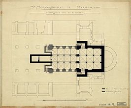 "Plattegrond van de krochten" (P. Cuypers?, ca. 1880). De datering van sommige bouwdelen ("bouw van Monulphus") is onjuist