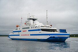 Labrador Marine Roll-on/roll-off cargo, QAJAQ W, leaving the terminal at St. Barbe,[28] Strait of Belle Isle, Newfoundland