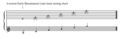 Tuning of a six-course lute, with courses shown in reverse order to their numbering, and tablature to clarify which is which.