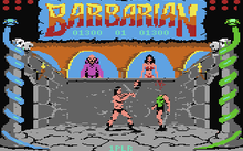 On the left and right of the screen stands a pillar entwined with a different-colored snake and two pairs of skulls. Above them, in the top corners, are circles that represent the life points of the barbarian fighters. A banner, emblazoned with the word "Barbarian", lies in the top centre. The players' scores are displayed below the word. The lower centre of the screen depicts a stone-walled room with two high windows. A bald man in purple robes stands in the window on the left. A black-haired busty woman in a red bikini stands in the right. In the room are two loincloth-wearing men who are fighting each other with swords. The left man has chopped off the right man's head.