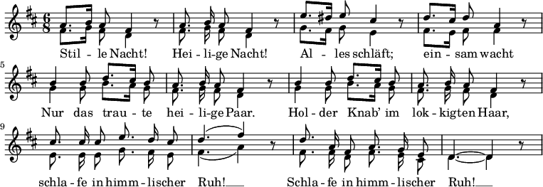 
<<
\new Staff <<
  \new Voice="melody" \relative c'' { \set Staff.midiInstrument = #"acoustic guitar (nylon)"
    \autoBeamOff
\tempo 4 = 60 \set Score.tempoHideNote = ##t
    \voiceOne
    \language "deutsch"
    \key d \major
    \time 6/8
    a8. [ h16 ] a8 fis4 h8\rest
    a8. h16 a8 fis4 h8\rest
    e8. [ dis16 ] e8 cis4 h8\rest
    d8. [ cis16 ] d8 a4 h8\rest
    h4 h8 d8. [ cis16 ] h8
    a8. h16 a8 fis4 h8\rest
    h4 h8 d8. [ cis16 ] h8
    a8. h16 a8 fis4 h8\rest
    cis8. cis16 cis8 e8. d16 cis8
    d4. ( fis4 ) h,8\rest
    d8. a16 fis8 a8. g16 e8
    d4.~ d4 h'8\rest
  }
  \new Voice \relative c' {
    \voiceTwo
    \autoBeamOff
    %\omit "Rest_engraver"
    fis8. [ g16 ] fis8 d4 s8
    fis8. g16 fis8 d4 s8
    g8. [ fis16 ] g8 e4 s8
    fis8. [ e16 ] fis8 fis4 s8
    g4 g8 h8. [ a16 ] g8
    fis8. g16 fis8 d4 s8
    g4 g8 h8. [ a16 ] g8
    fis8. g16 fis8 d4 s8
    e8. e16 e8 g8. fis16 e8
    fis4. ( a4 ) s8
    fis8. fis16 d8 fis8. e16 cis8
    d4.~ d4
  }
>>
\new Lyrics \lyricsto "melody" {
  Stil -- le Nacht! Hei -- li -- ge Nacht!
  Al -- les schläft; ein -- sam wacht
  Nur das trau -- te hei -- li -- ge Paar.
  Hol -- der Knab’ im lok -- kig -- ten Haar,
  schla -- fe in himm -- li -- scher Ruh! __
  Schla -- fe in himm -- li -- scher Ruh! __
}
>>
