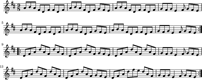 
\relative c''
{
  \key d \major \time 9/8
  \repeat volta 2
  {
    a8 b a fis d fis fis d fis | a8 b a fis d fis g fis e | a8 b a fis d fis fis d fis | g fis g e4 fis8 g fis e |
    a8 b a fis d fis fis d fis | a8 b a fis d fis g fis e | a8 b a fis d fis fis d fis | g fis g e4 fis8 g fis e
  }
  \repeat volta 2
  {
    d fis a d a fis d' a fis | d fis a d a fis g fis e | d fis a d a fis d' a fis | g fis g e4 fis8 g fis e |
    d fis a d a fis d' a fis | d fis a d a fis g fis e | d fis a d fis e d a fis | g fis g e4 fis8 g fis e |
  }
}
