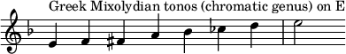  {
\key e \locrian
\override Score.TimeSignature #'stencil = ##f
\relative c' { 
  \clef treble \time 7/4
  e4^\markup { Greek Mixolydian tonos (chromatic genus) on E } f fis a bes ces d e2
} }
