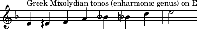  {
\key e \locrian
\override Score.TimeSignature #'stencil = ##f
\relative c' { 
  \clef treble \time 7/4
  e4^\markup { Greek Mixolydian tonos (enharmonic genus) on E } eih f a beseh bes d e2
} }
