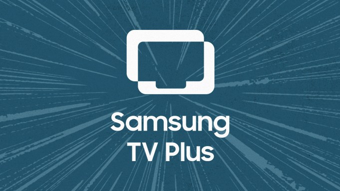 Samsung TV Plus logo with speed lines behind it