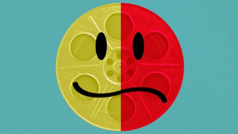 Illustration of a film can split into two halves: a smiling side and a frowning side  