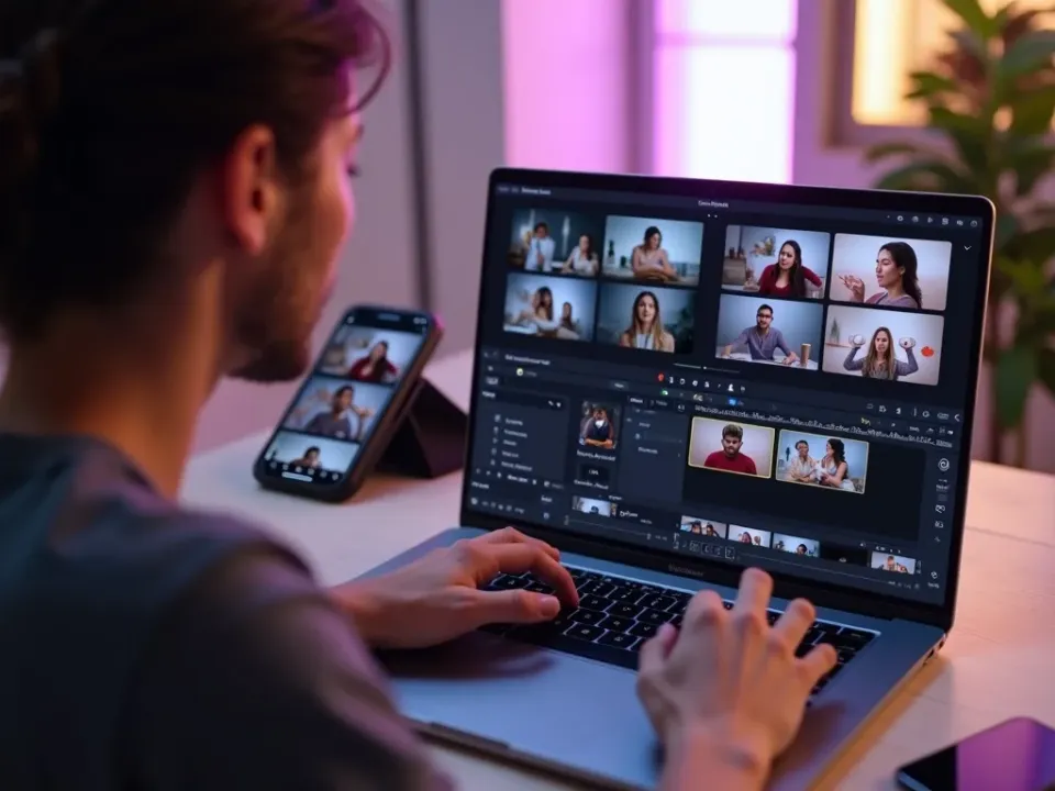Photos arranging into a music-synced slideshow video on screen