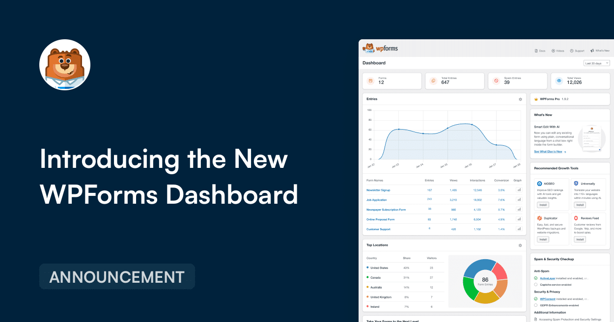 Dark blue hero with a circular bear logo on the left, large headline'Introducing the New WPForms Dashboard' and an ANNOUNCEMENT badge; a dashboard mockup is visible on the right.