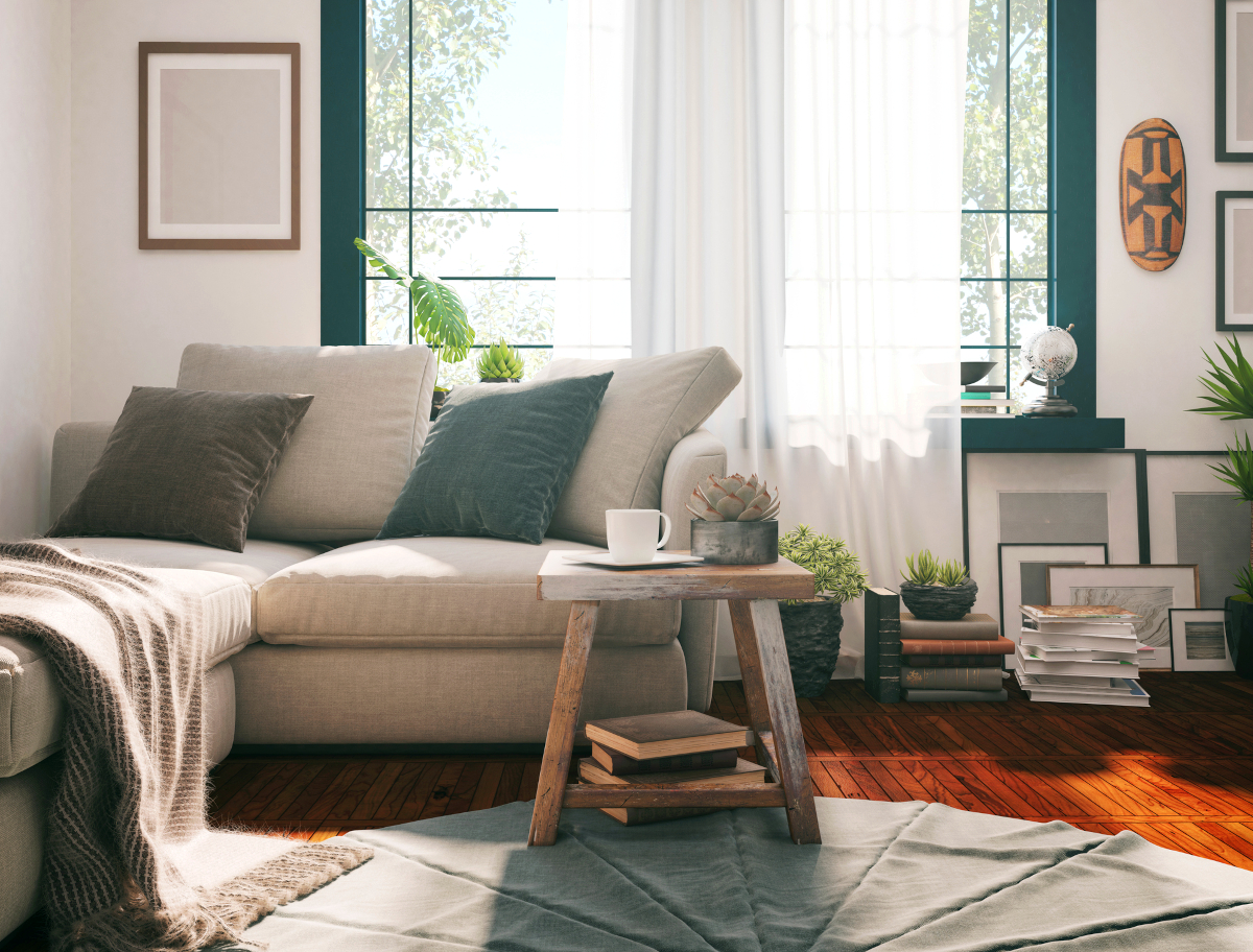 Living room with white walls and teal window trim