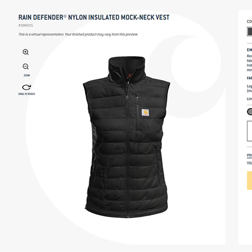 Carhartt vest allowing for custom embroidery through a 3D configurator