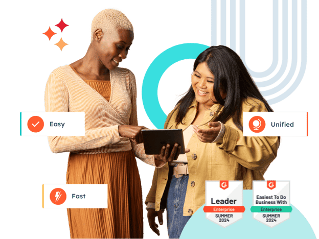 HubSpot is easy, fast, and unified. G2 badges, Summer 2024, Leader Enterprise, Easiest to do business with Enterprise.
