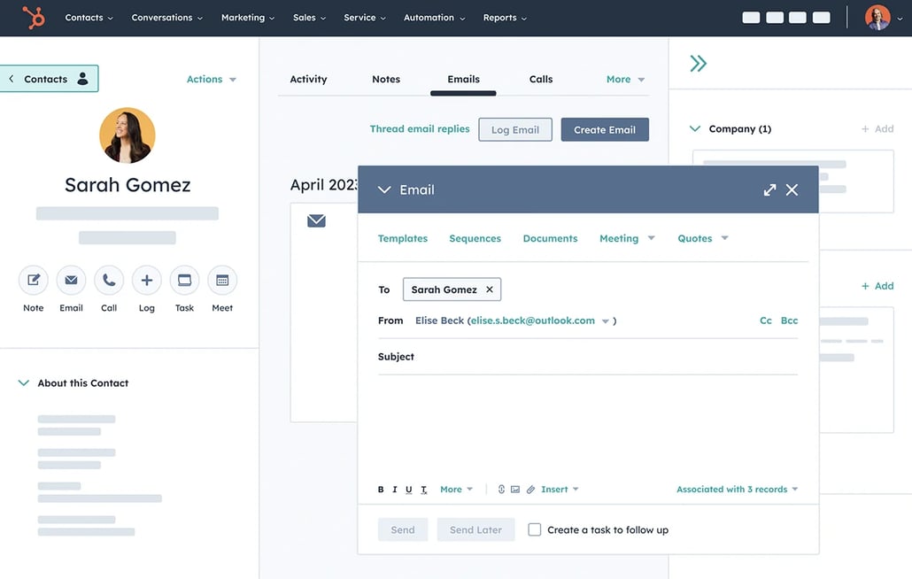 HubSpot contact management software showing emailing from contact record