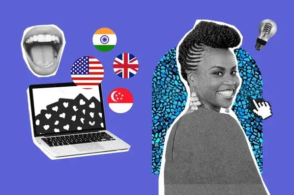 Multilingual content strategy graphic with flag icons, a mouth speaking, a laptop, and creator Sonia Thompson