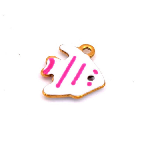 Kleiner Fisch Anhänger mit rosa gestreifter weißer Emaille - Goldener Stahl -12mm - Loch: 1mm (1)