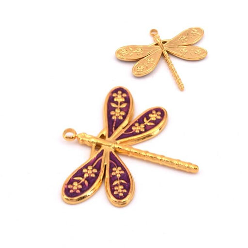 Libellenanhänger mit lilafarbener Emaille - Goldener Edelstahl 27x24mm (1)