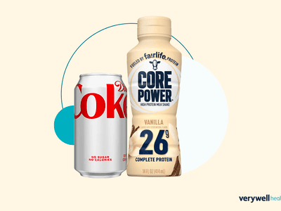 Protein diet coke: can of diet coke next to a bottle of fairlife core power vainlla protein