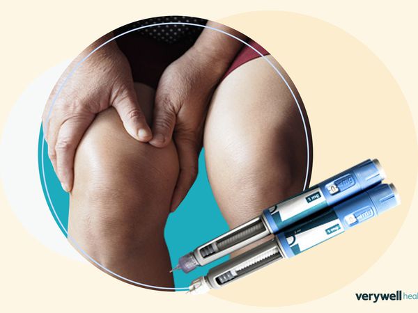 person experience knee pain next to injection pens of semaglutide