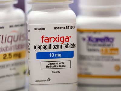 A close-up of a bottle of Farxiga (dapagliflozin) 10 mg tablet