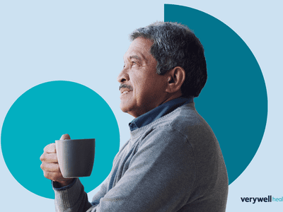 Composite image of man holding a cup of coffee, looking away from the camera. 