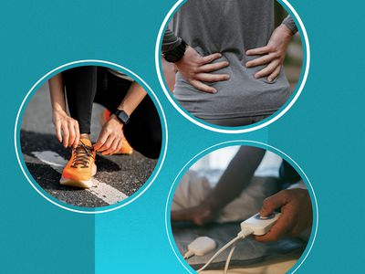 A person holding their back, another person touching their laces, and another person holding a control for a heating pad