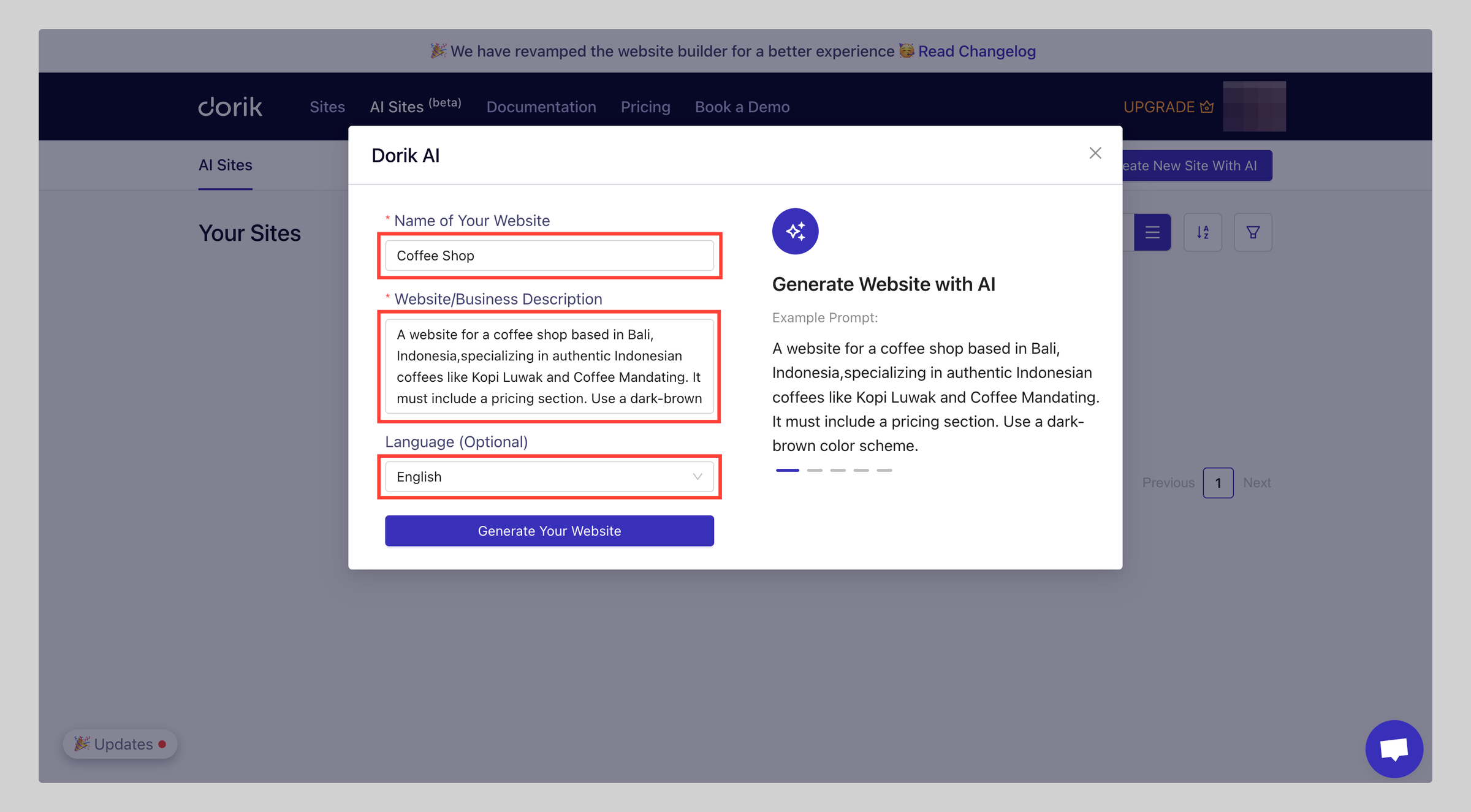 Provide a detailed prompt and other details to Dorik AI