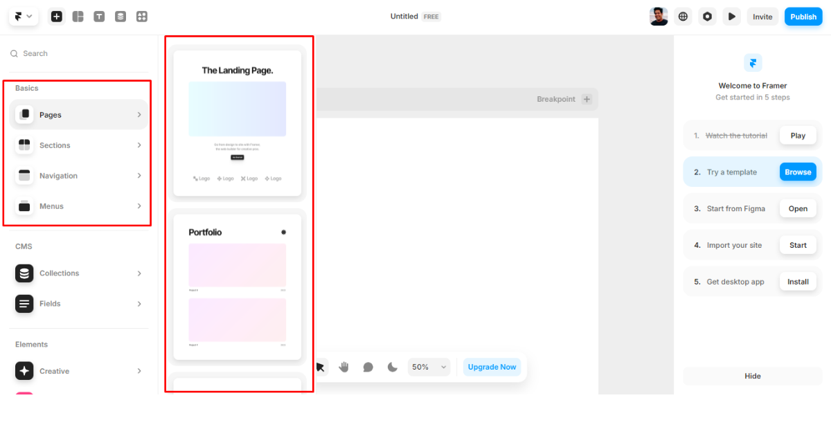 Framer Pages Sections Navigation and Menus