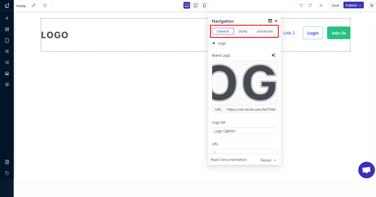 Screenshot of navigation editing panel