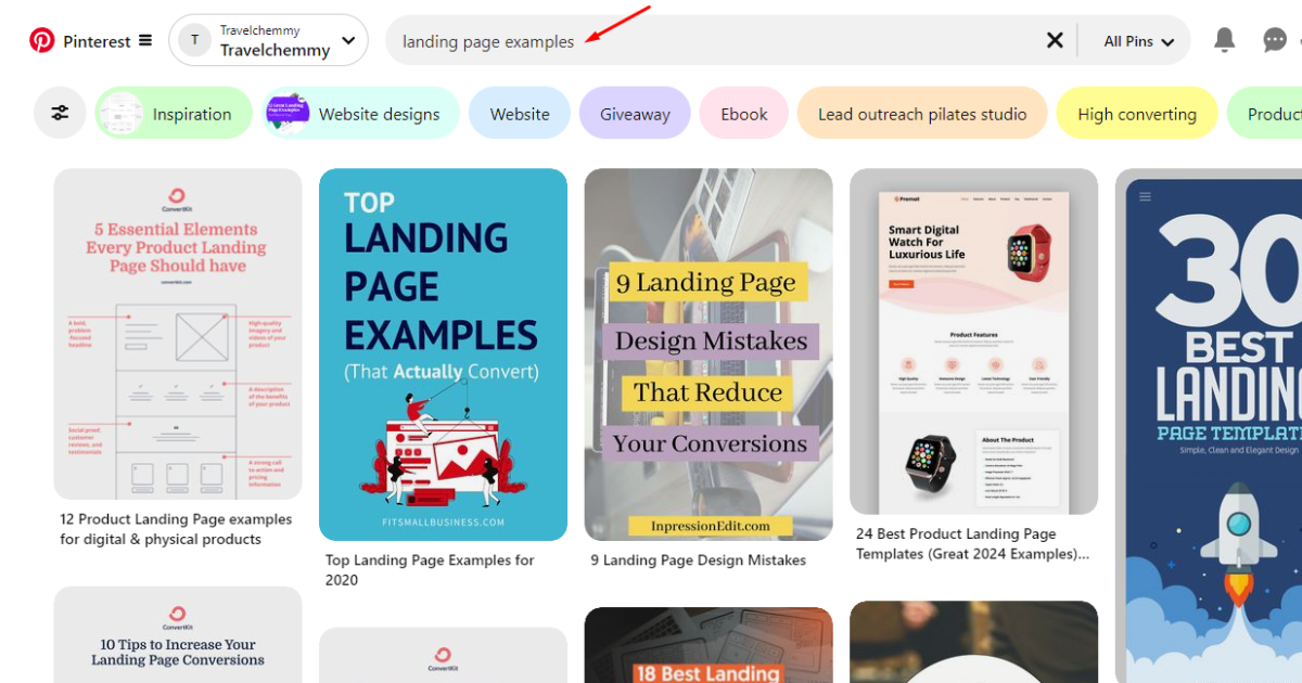 Search for landing page examples on Pinterest