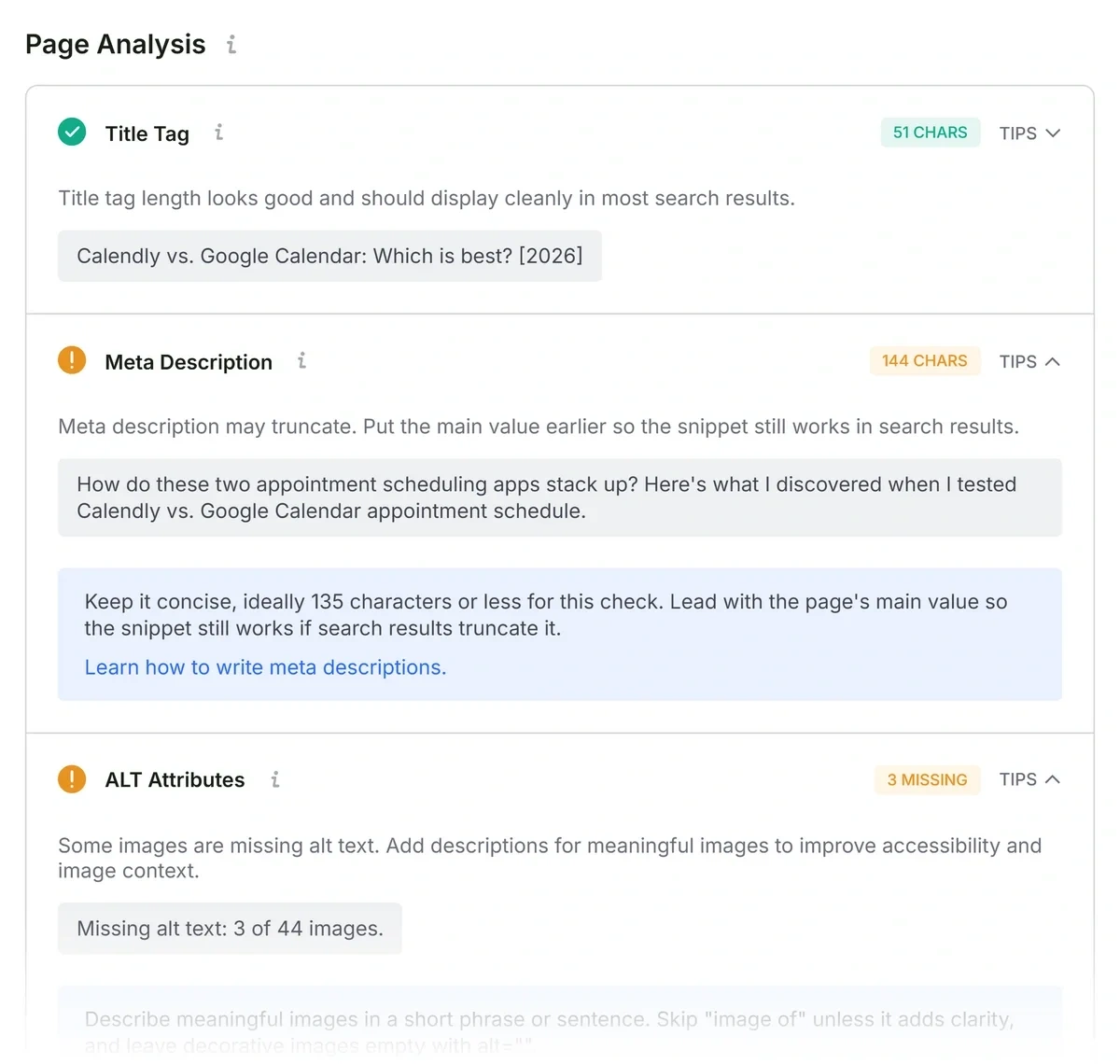 Section focusing on on-page checks
