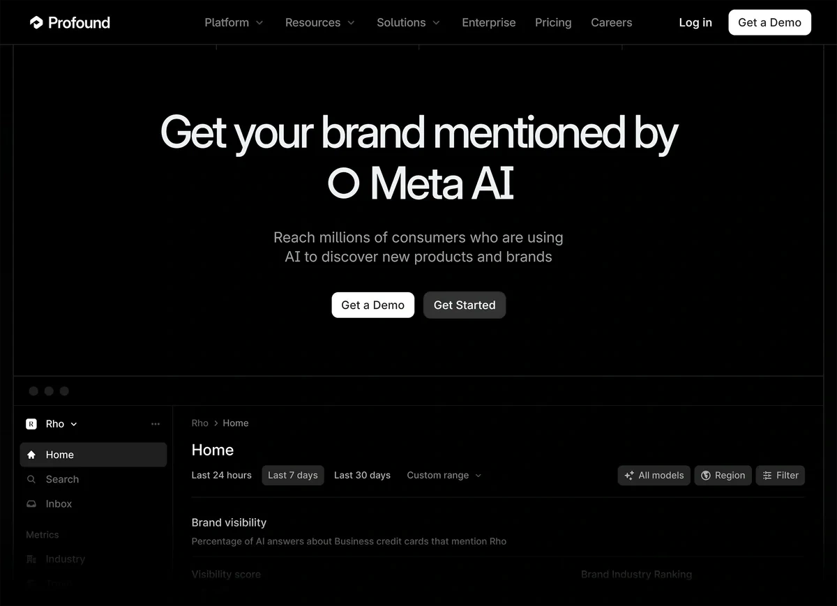 The black and white Profound homepage lists different LLM platforms that its marketing agents are compatible with.