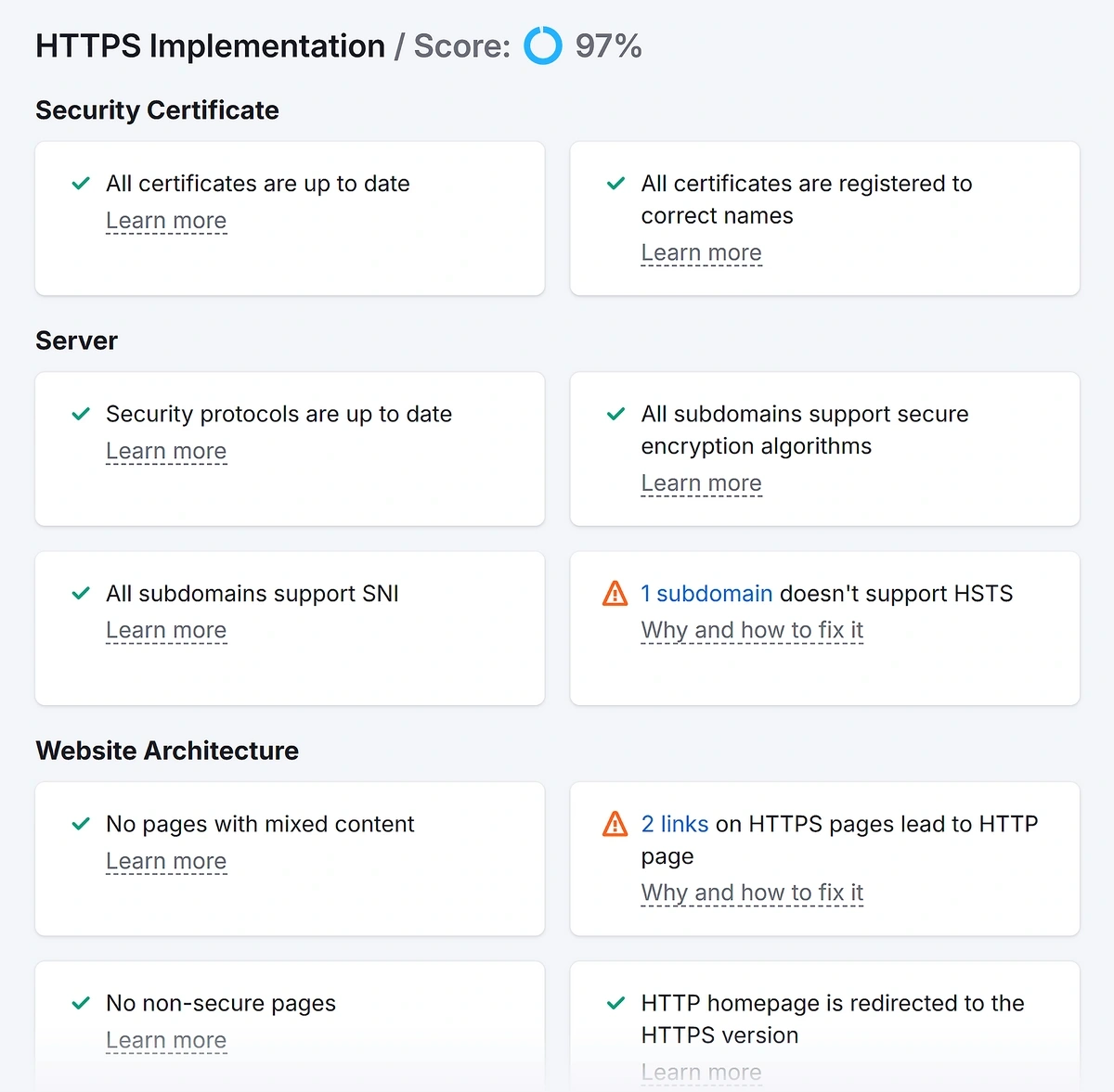 HTTPS implementation analysis in Semrush Site Audit
