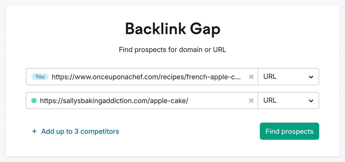 Backlink gap analysis for example domains in Semrush