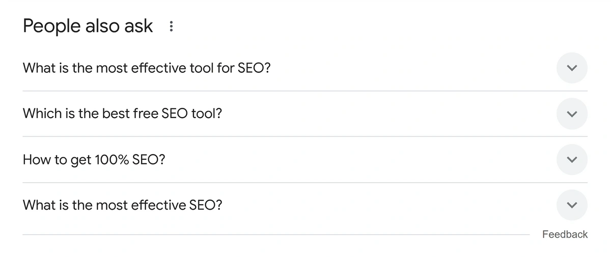 Google SERP People Also Ask Questions related to the term "best SEO tools"