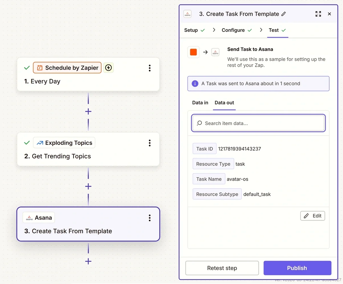 Asana test success message in the Zapier workflow builder