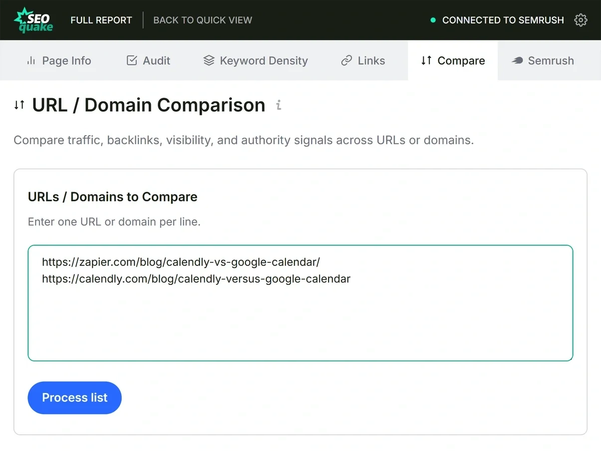 URL comparison for side-by-side analysis