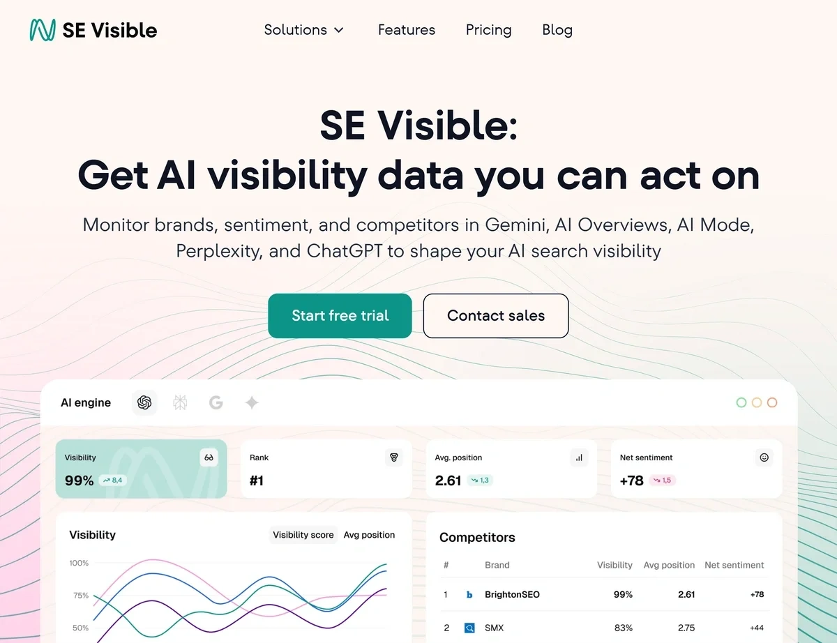 The SE Visible homepage says "Get AI visibility data you can act on" above a picture of a GEO tracking report.