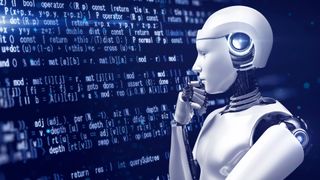 A robot standing thoughtfully in front of a giant digital display with code on it