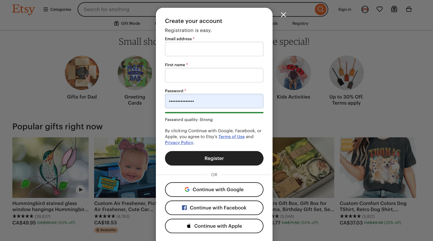 Etsy account creation screen with email, name, and password fields over the homepage.