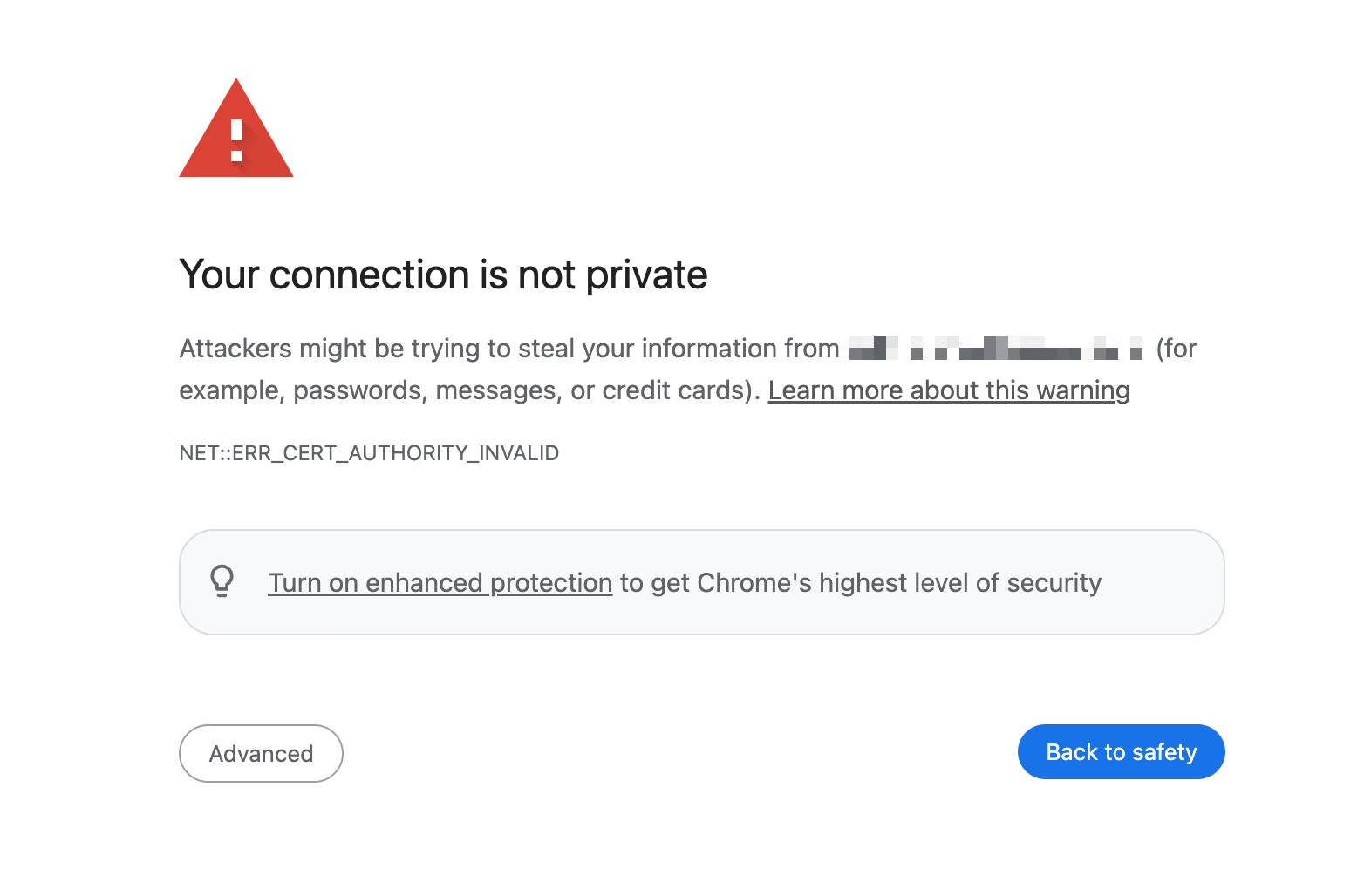 Google Chrome “Your connection is not private” warning page with a red alert icon and security message.